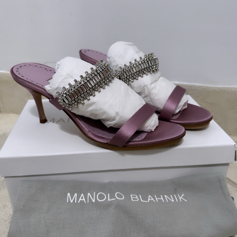 Manolo Blahnik Lavender Satin Heels with Embellishments